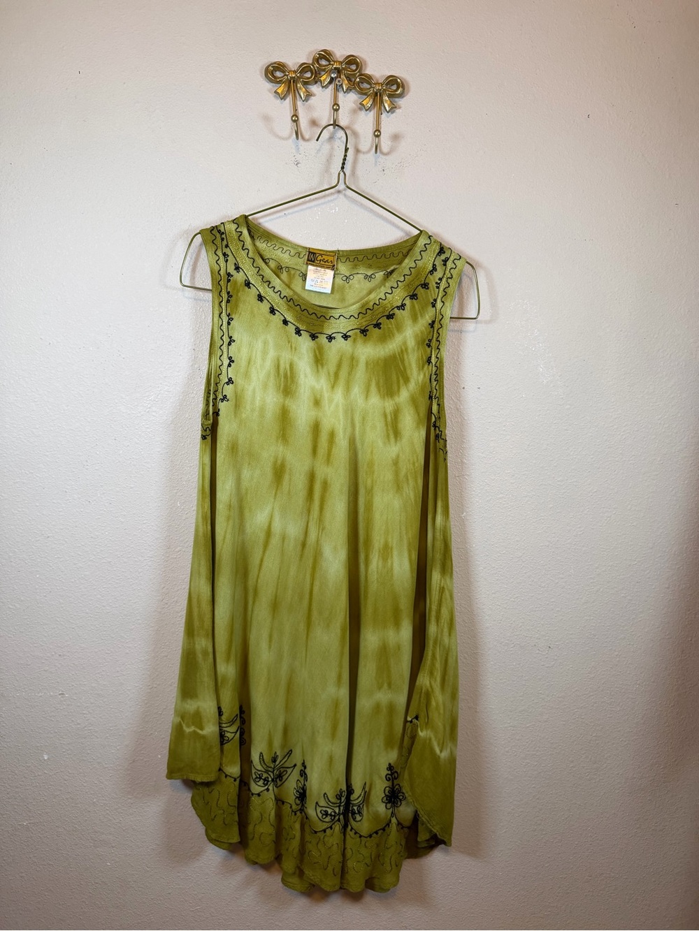 In Gear Boho Embroidered Sleeveless Swing Top - Olive Green. Size One Size Fits